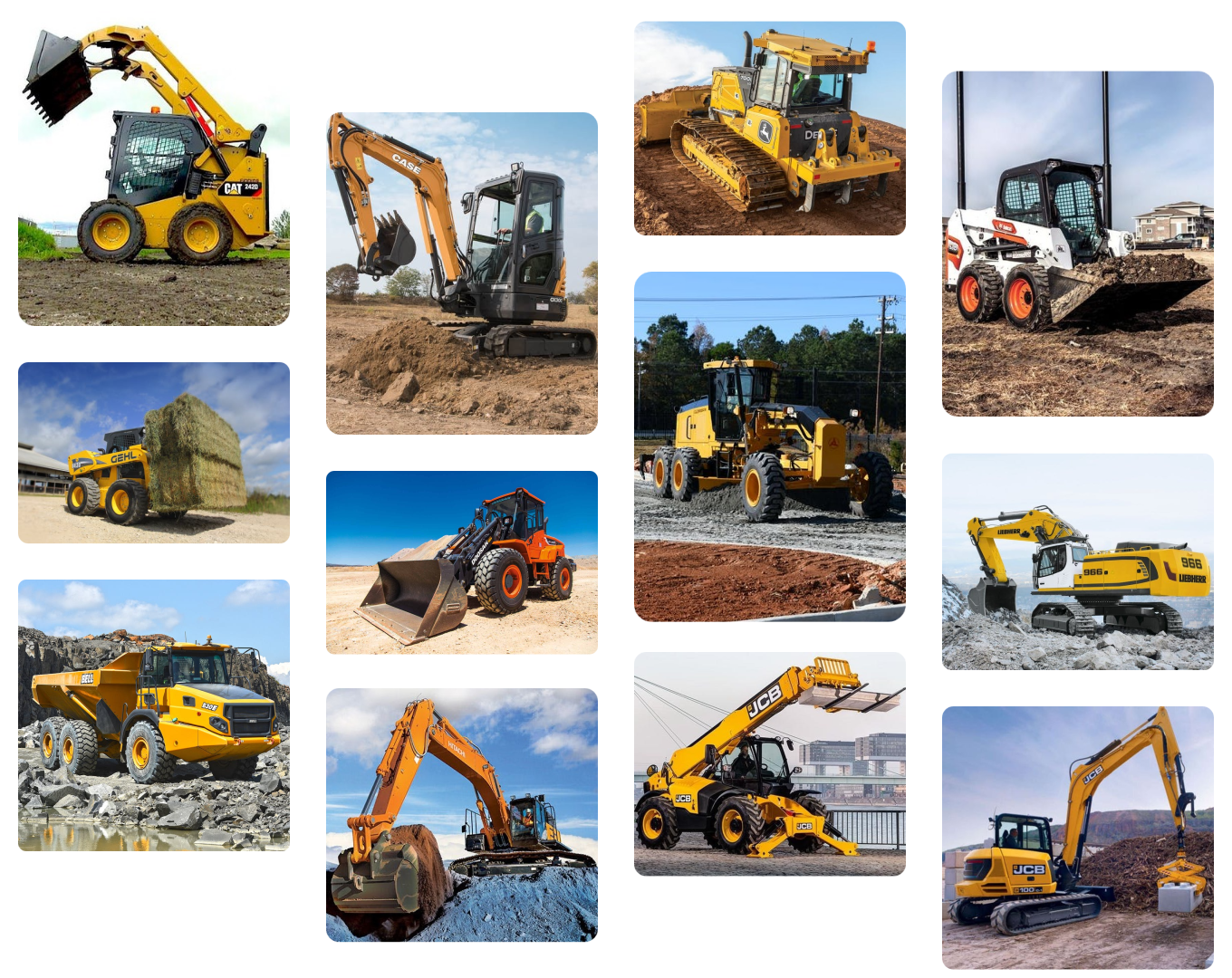 A collage of various types of heavy construction equipment from different manufacturers